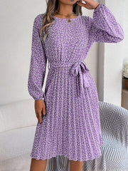 Ditsy Floral Tie Waist Pleated Dress - Trendsi
