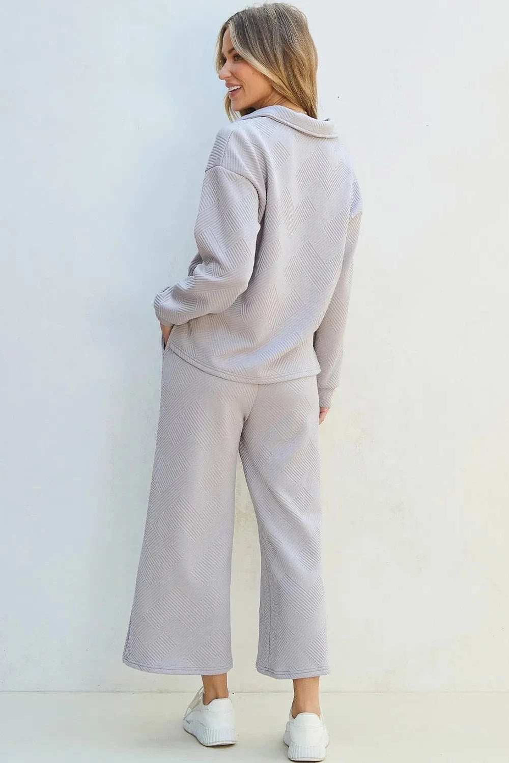 Textured Long Sleeve Top and Drawstring Pants Set - Trendsi - Flyclothing LLC