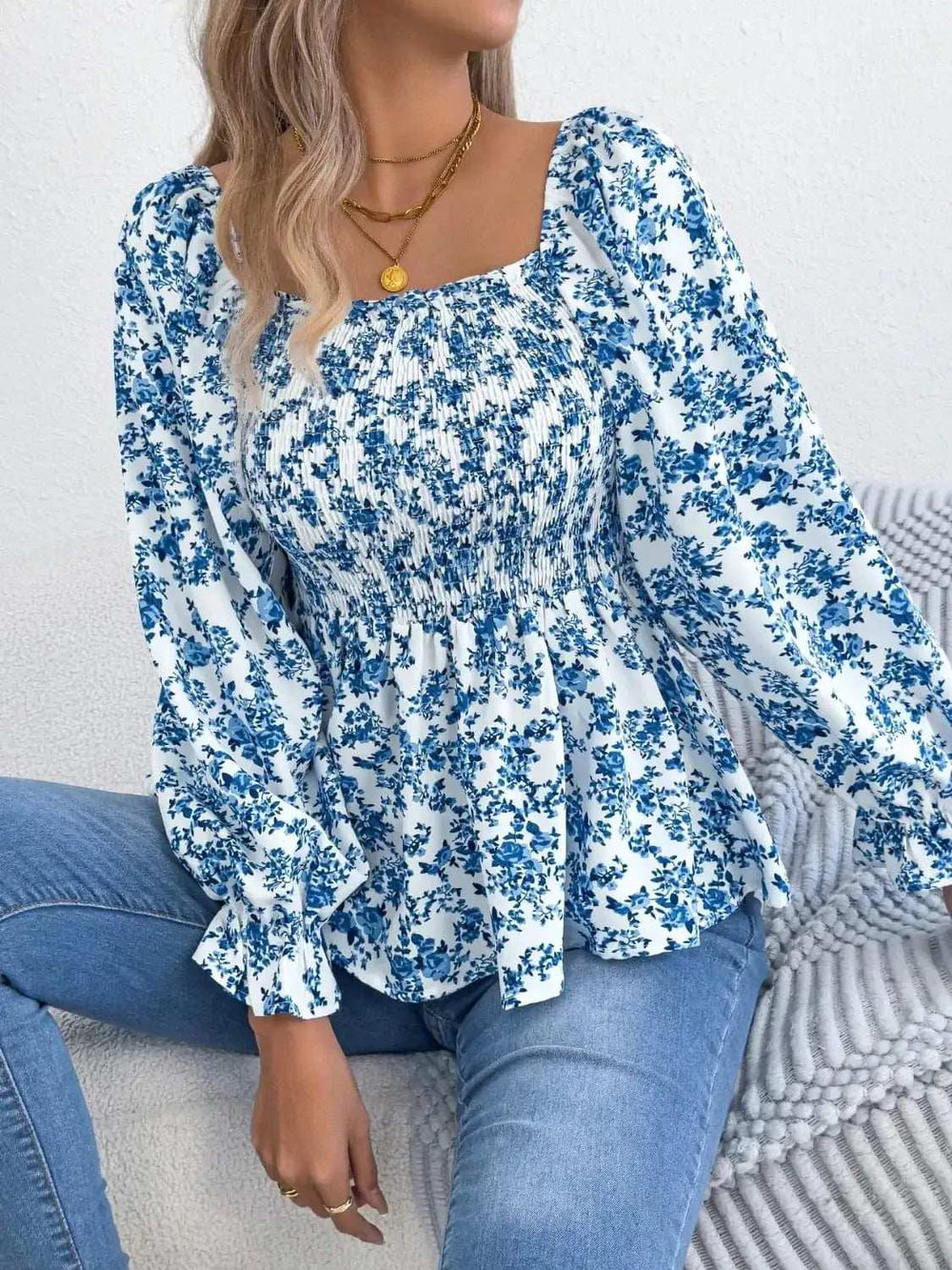 Floral Square Neck Flounce Sleeve Blouse - Trendsi - Flyclothing LLC