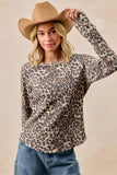 BiBi Leopard Print Washed Waffle Thermal Top with Thumb - Trendsi - Flyclothing LLC