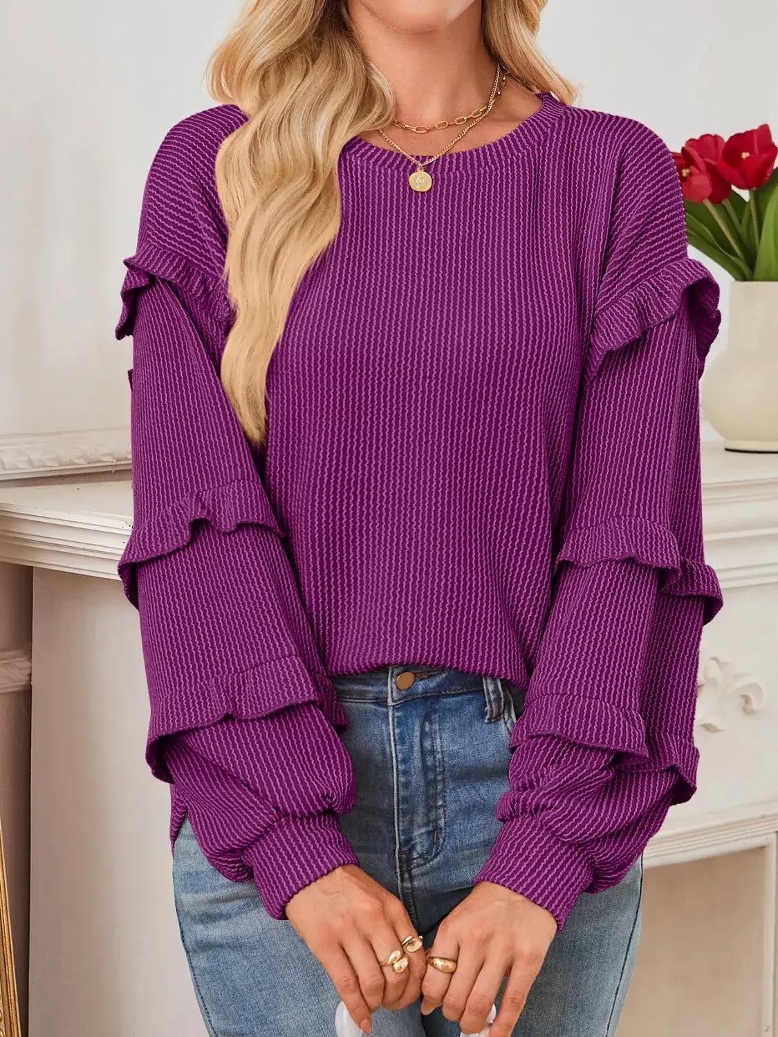 Ruffled Long Sleeve Knit T-Shirt - Trendsi - Flyclothing LLC