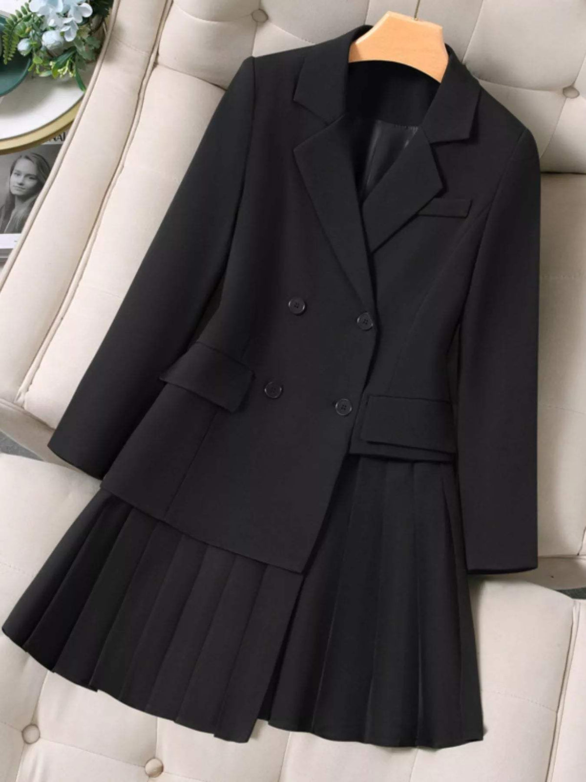 Plus Size Asymmetrical Pleated Blazer Dress - Trendsi - Flyclothing LLC