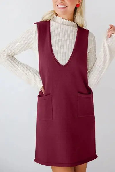 Lovelet Pocketed V-Neck Mini Sweater Overall Dress - Trendsi - Flyclothing LLC