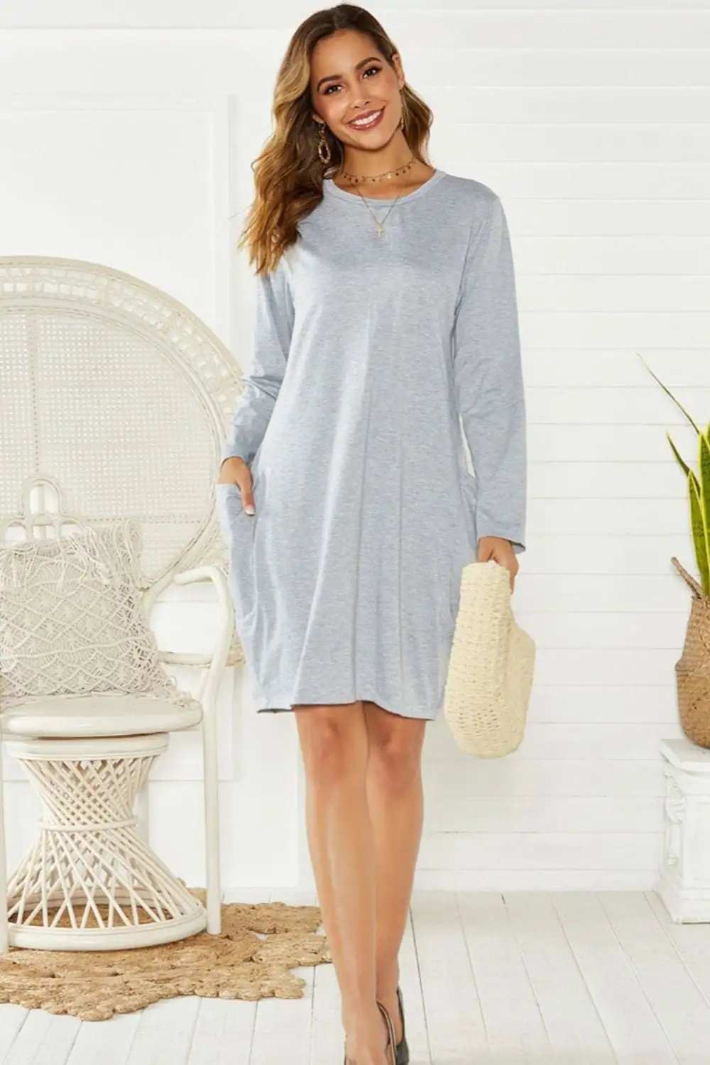 Pocketed Round Neck Long Sleeve Dress - Trendsi - Flyclothing LLC
