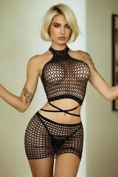 Yelete Rhinestone Fishing Net Crisscross Two-Piece Lingerie Set - Trendsi