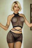 Yelete Rhinestone Fishing Net Crisscross Two-Piece Lingerie Set - Trendsi