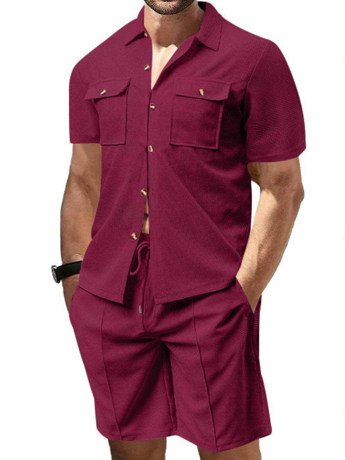 Men's Full Size Button Down Short Sleeve Top and Shorts Set Plus Size - Trendsi - Flyclothing LLC
