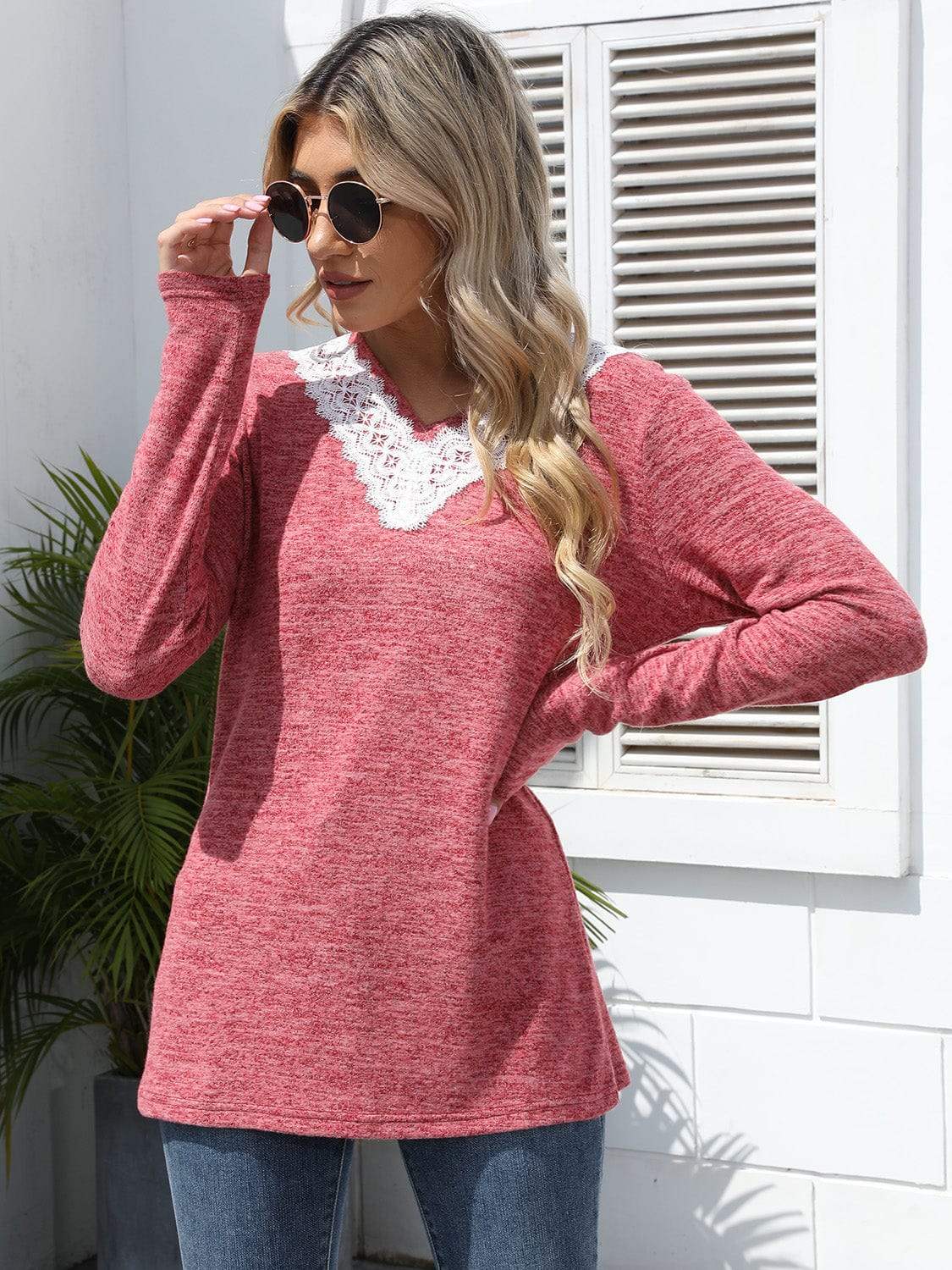 Lace Detail V-Neck Long Sleeve T-Shirt - Trendsi - Flyclothing LLC