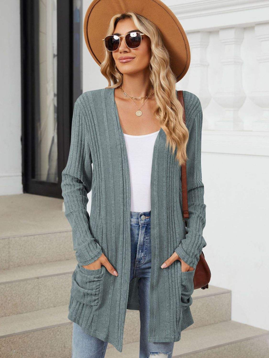 Pocketed Open Front Long Sleeve Cardigan - Trendsi - Flyclothing LLC