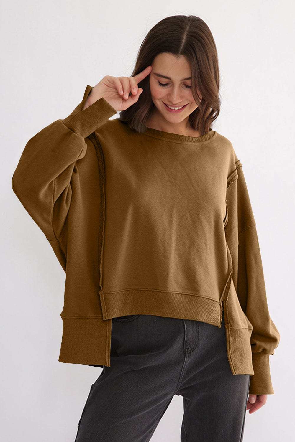 Exposed Seam High-Low Long Sleeve Sweatshirt - Trendsi - Flyclothing LLC