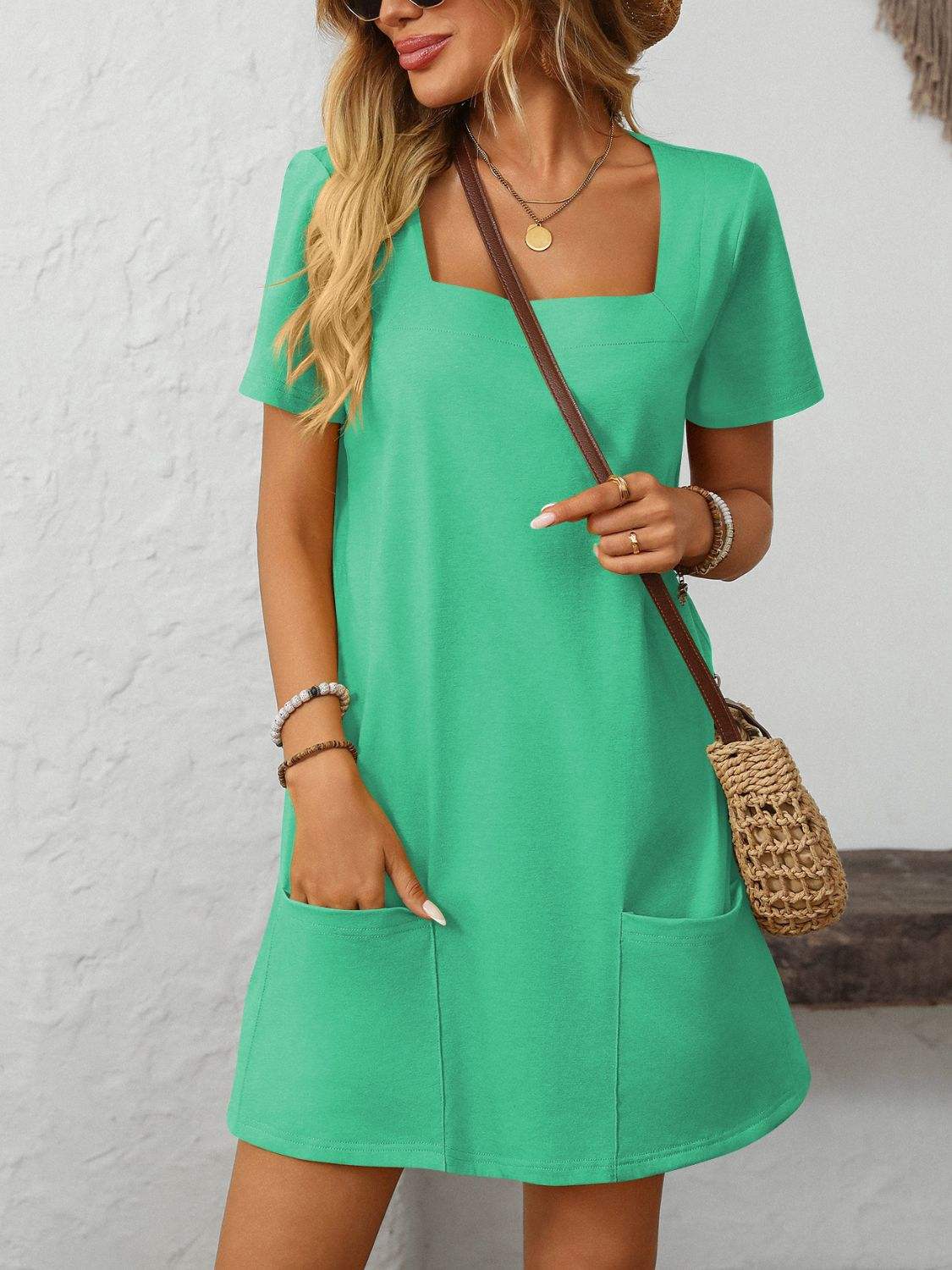 Mandy Square Neck Short Sleeve Mini Dress - Trendsi - Flyclothing LLC