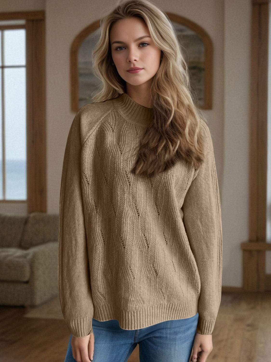 Mock Neck Long Sleeve Sweater - Trendsi - Flyclothing LLC