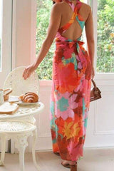 Split Crisscross Back Printed Plunge Maxi Dress - Trendsi - Flyclothing LLC