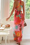 Split Crisscross Back Printed Plunge Maxi Dress - Trendsi