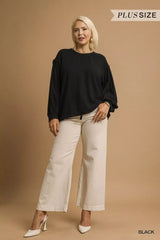 Umgee Full Size Linen Long Sleeve Top with Drawstring Plus Size - Trendsi - Flyclothing LLC