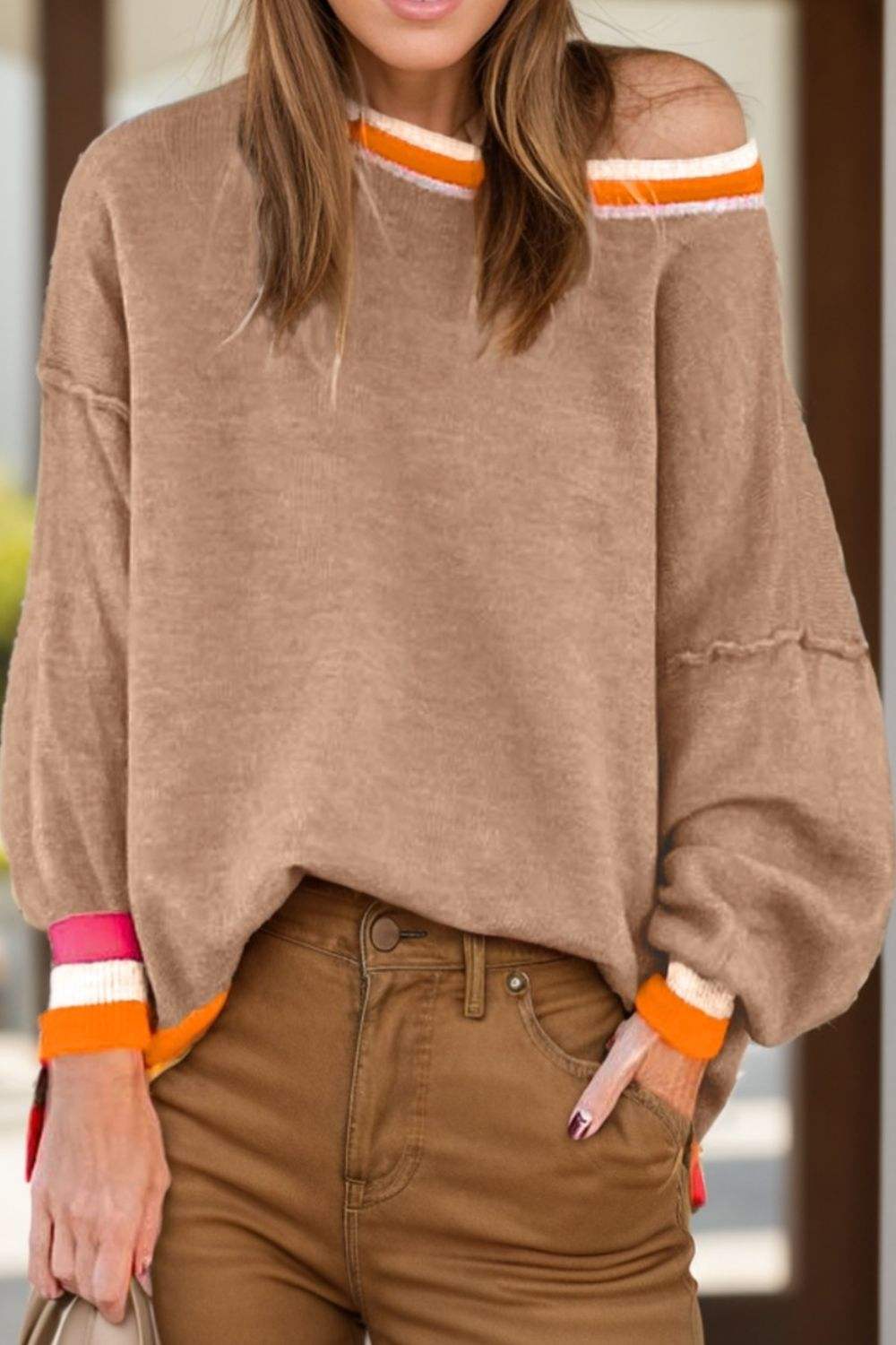 Contrast Round Neck Long Sleeve Sweater - Trendsi - Flyclothing LLC