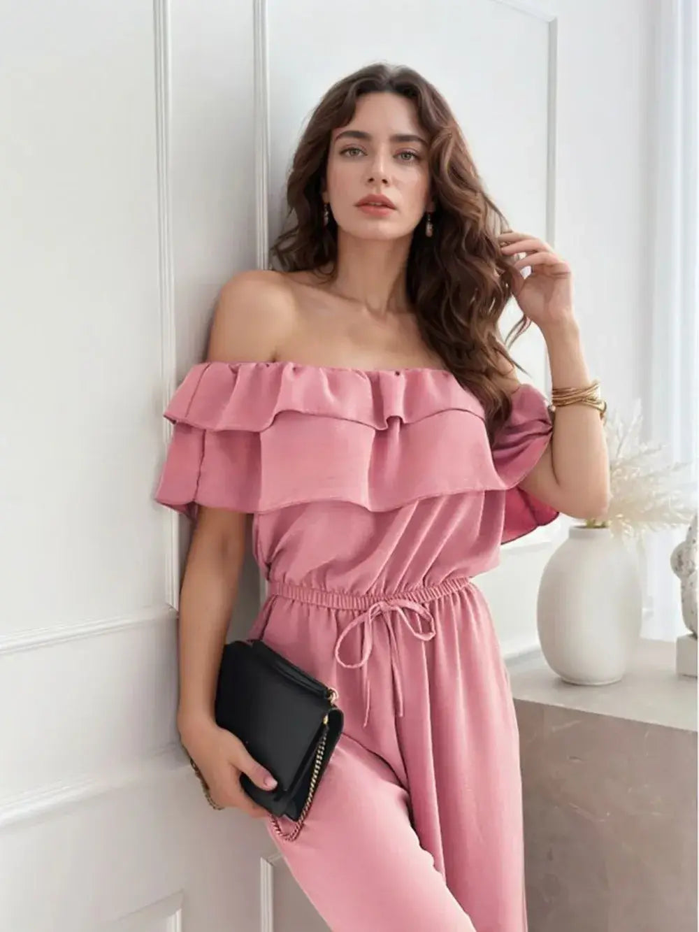 Ruffled Off Shoulder Wide Leg Jumpsuit - Trendsi - Flyclothing LLC