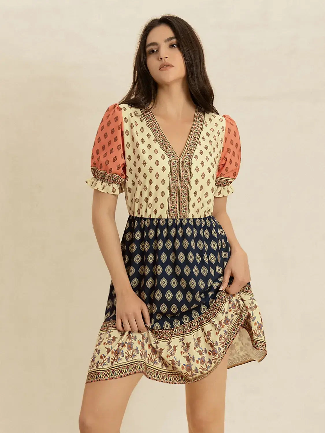 Printed V-Neck Short Sleeve Dress - Trendsi - Flyclothing LLC