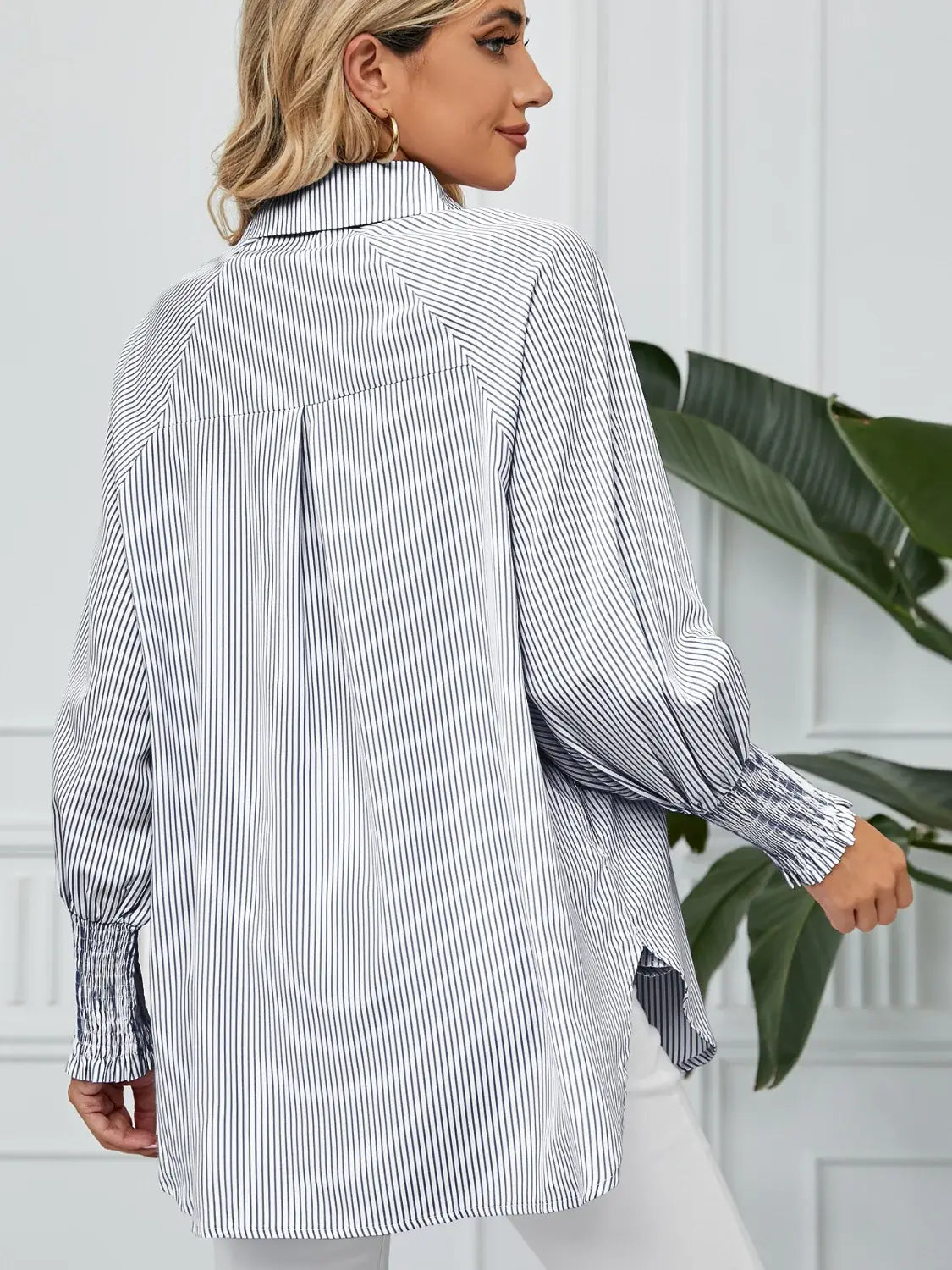Striped Collared Neck Long Sleeve Shirt - Trendsi - Flyclothing LLC