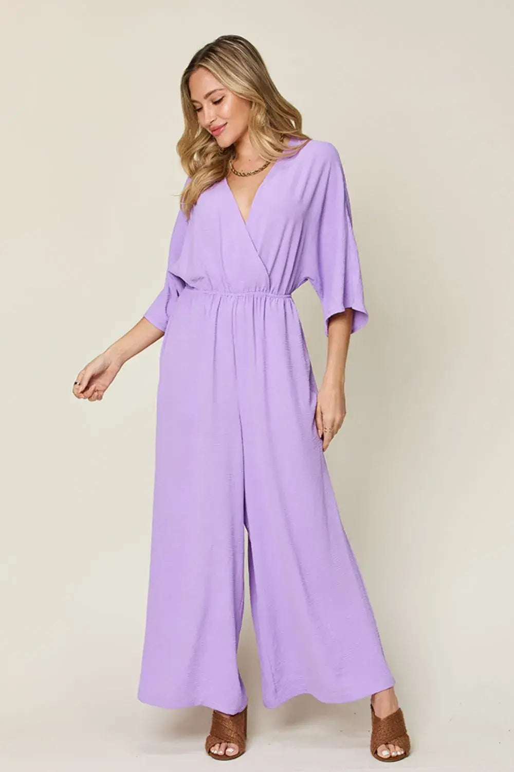 Double Take Full Size Surplice Wide Leg Jumpsuit with Pockets - Trendsi - Flyclothing LLC