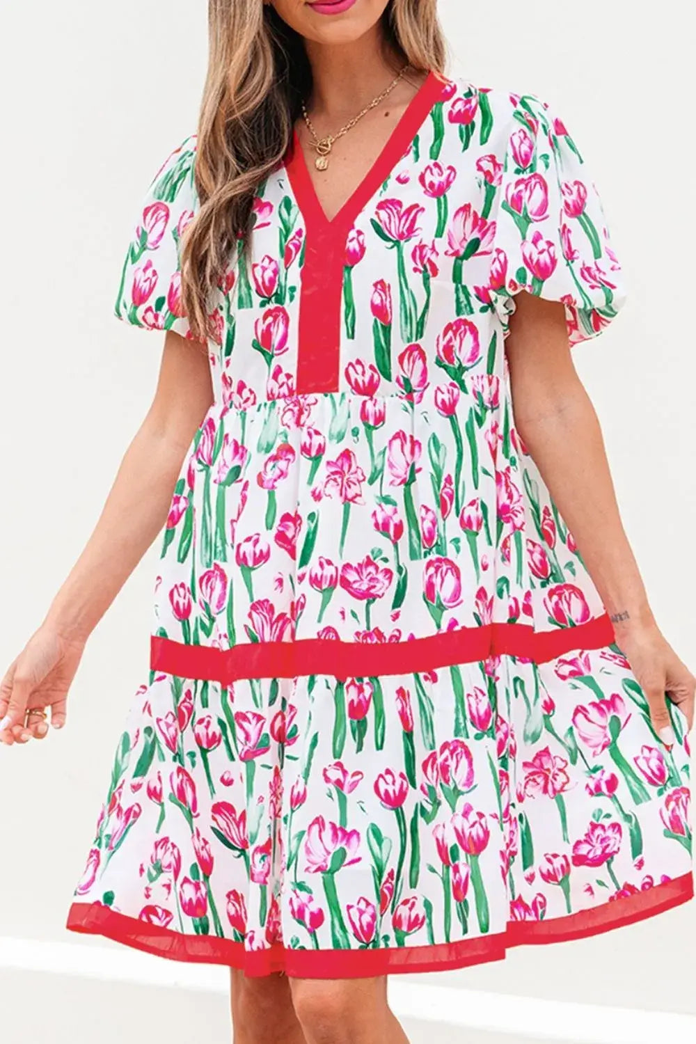 Floral Print Contrast Trim V Neck Bubble Short Sleeve Babydoll Dress - Trendsi - Flyclothing LLC