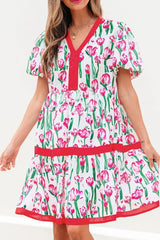 Floral Print Contrast Trim V Neck Bubble Short Sleeve Babydoll Dress - Trendsi - Flyclothing LLC
