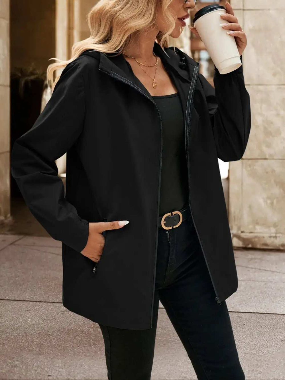 Pocketed Zip Up Hooded Jacket - Trendsi - Flyclothing LLC