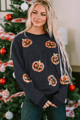 Sequin Patch Pumpkin Round Neck Sweatshirt - Trendsi - Flyclothing LLC