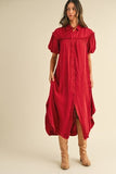 Annie Wear Mineral Washed Button Down Puff Sleeve Shirt Dress - Trendsi