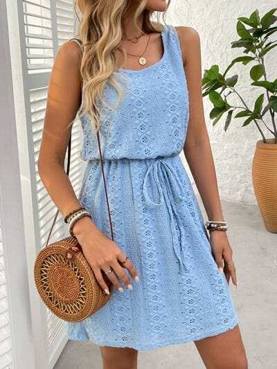 Eyelet Drawstring Round Neck Sleeveless Dress - Trendsi - Flyclothing LLC