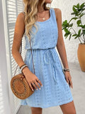 Eyelet Drawstring Round Neck Sleeveless Dress - Trendsi