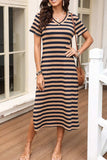 Casual Striped V-Neck Midi T-Shirt Dress - Trendsi - Flyclothing LLC