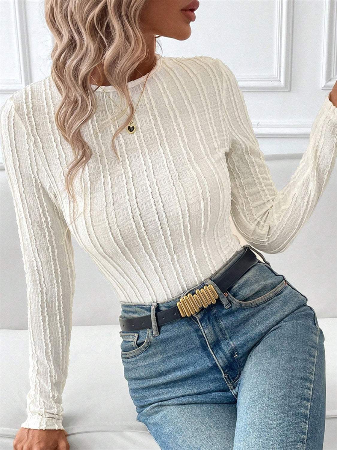 Round Neck Long Sleeve Top - Trendsi - Flyclothing LLC
