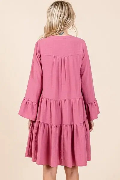 Mittoshop Tiered Notched Flare Sleeve Dress - Trendsi - Flyclothing LLC