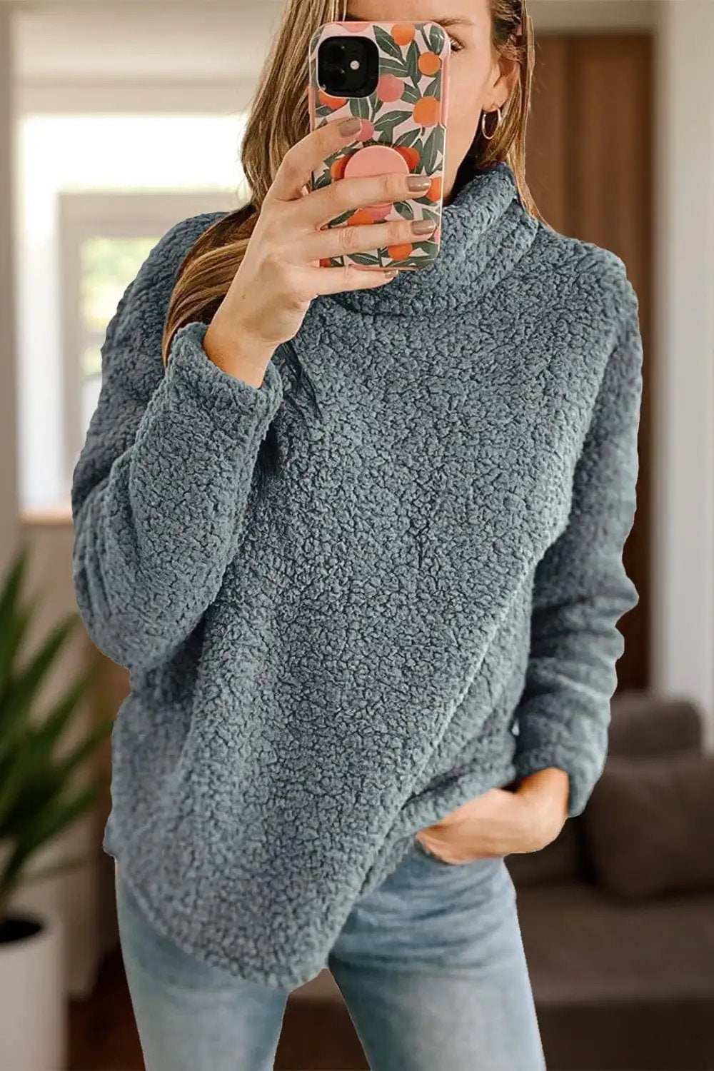 Fuzzy Turtleneck Long Sleeve Sweatshirt - Trendsi - Flyclothing LLC