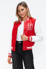 Love Me Now PU Leather Contrast Snap Down Bomber Jacket - Trendsi