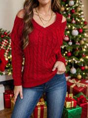 Honey Cable-Knit V-Neck Cold Shoulder Sweater - Trendsi