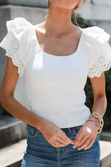 Eyelet Ruffle Sleeve Slim Top - Trendsi - Flyclothing LLC