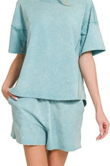 Zenana Acid Washed Short Sleeve Tee & Shorts Set - Trendsi - Flyclothing LLC