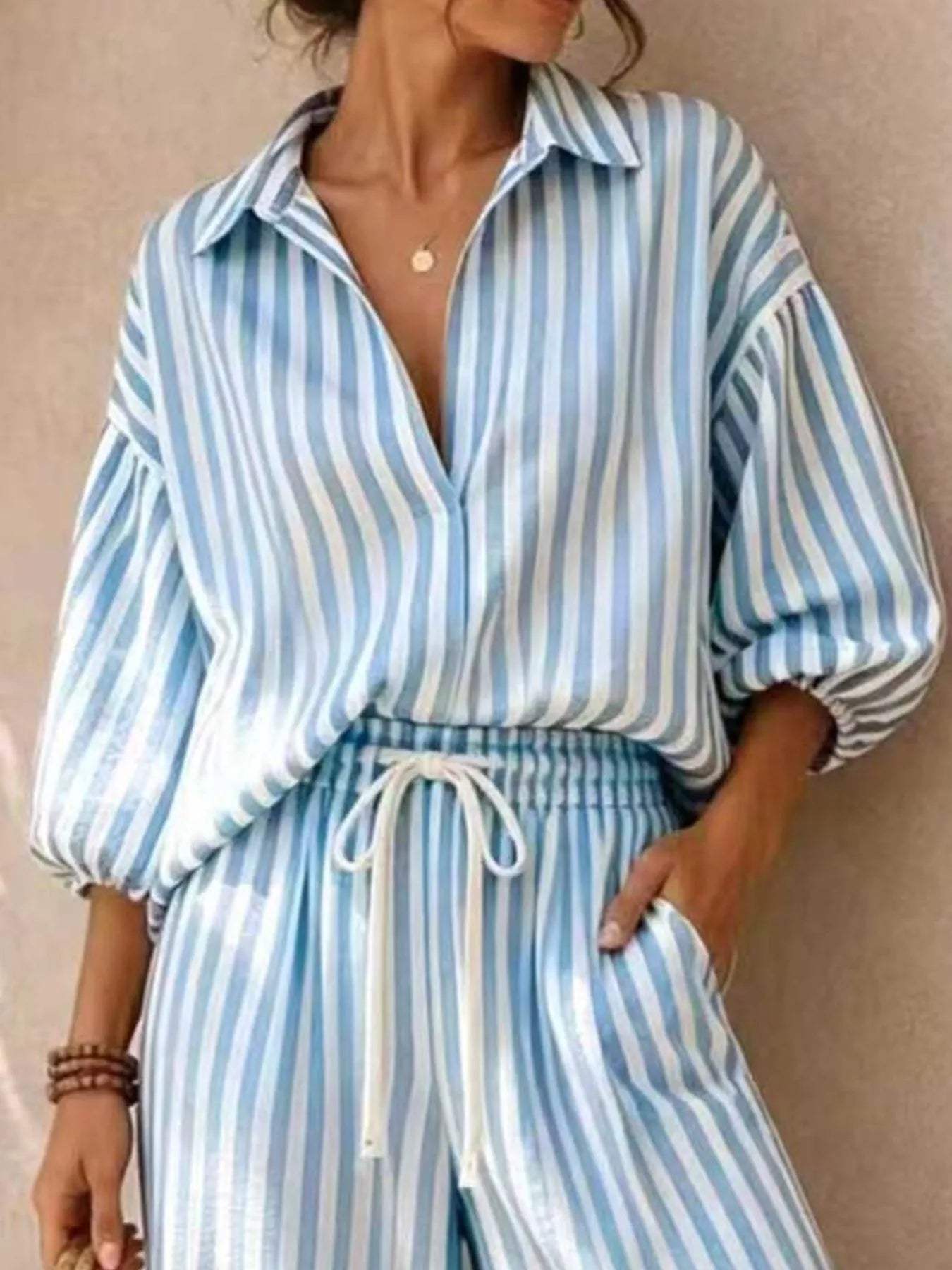 Full Size Striped Puff Sleeve Shirt and Wide-Leg Drawstring Pants Set Plus Size - Trendsi - Flyclothing LLC