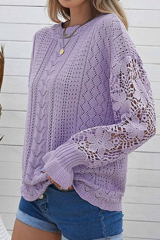 Openwork Round Neck Long Sleeve Sweater - Trendsi - Flyclothing LLC