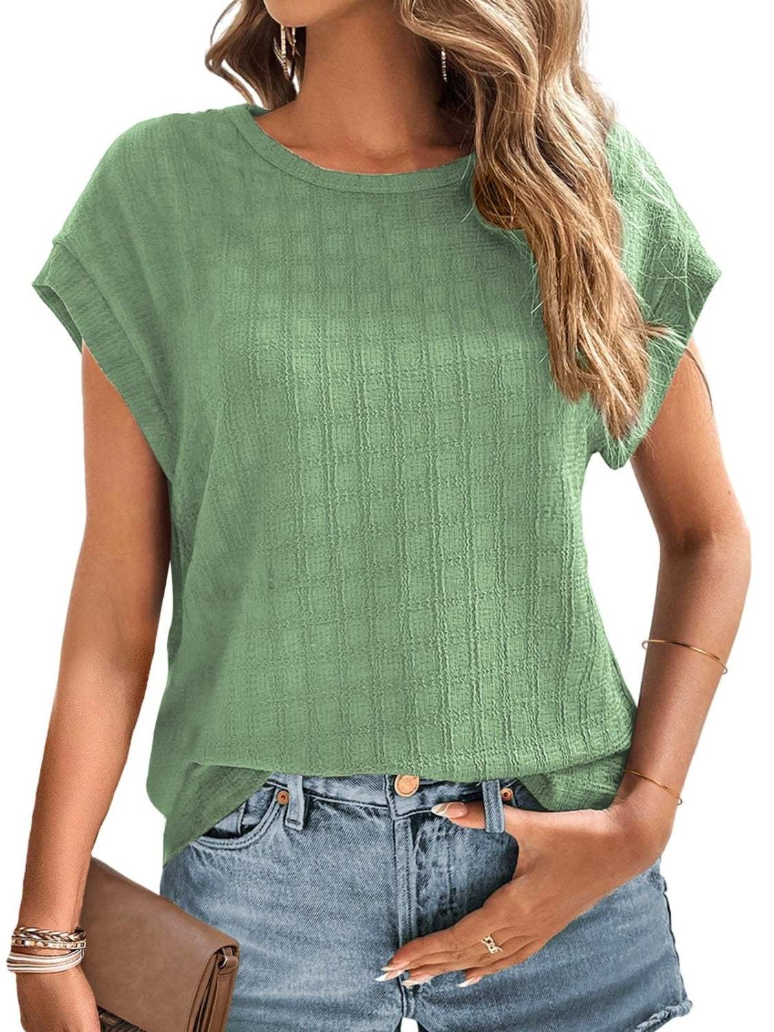 Textured Round Neck Short Sleeve Top - Trendsi - Flyclothing LLC