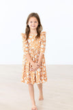 Golden Blooms 3/4 Sleeve Ruffle Twirl Dress