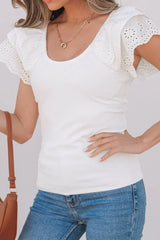 Eyelet Ruffle Sleeve Slim Top - Trendsi - Flyclothing LLC