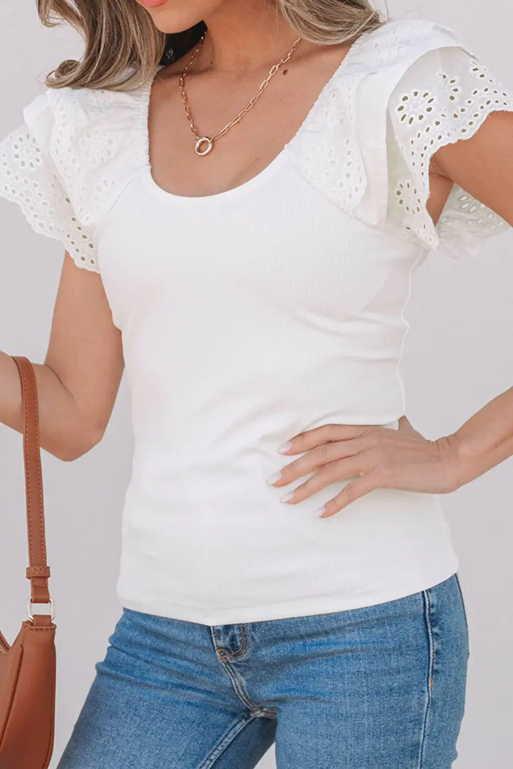 Eyelet Ruffle Sleeve Slim Top - Trendsi - Flyclothing LLC