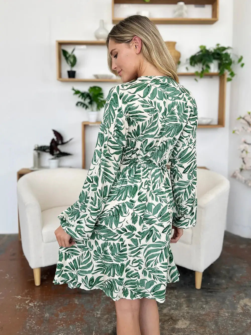 Double Take Full Size Printed Ruched Balloon Sleeve Dress - Trendsi - Flyclothing LLC
