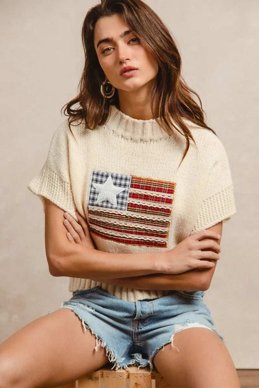 BiBi American Flag Patchwork Drop Shoulder Sweater - Trendsi - Flyclothing LLC