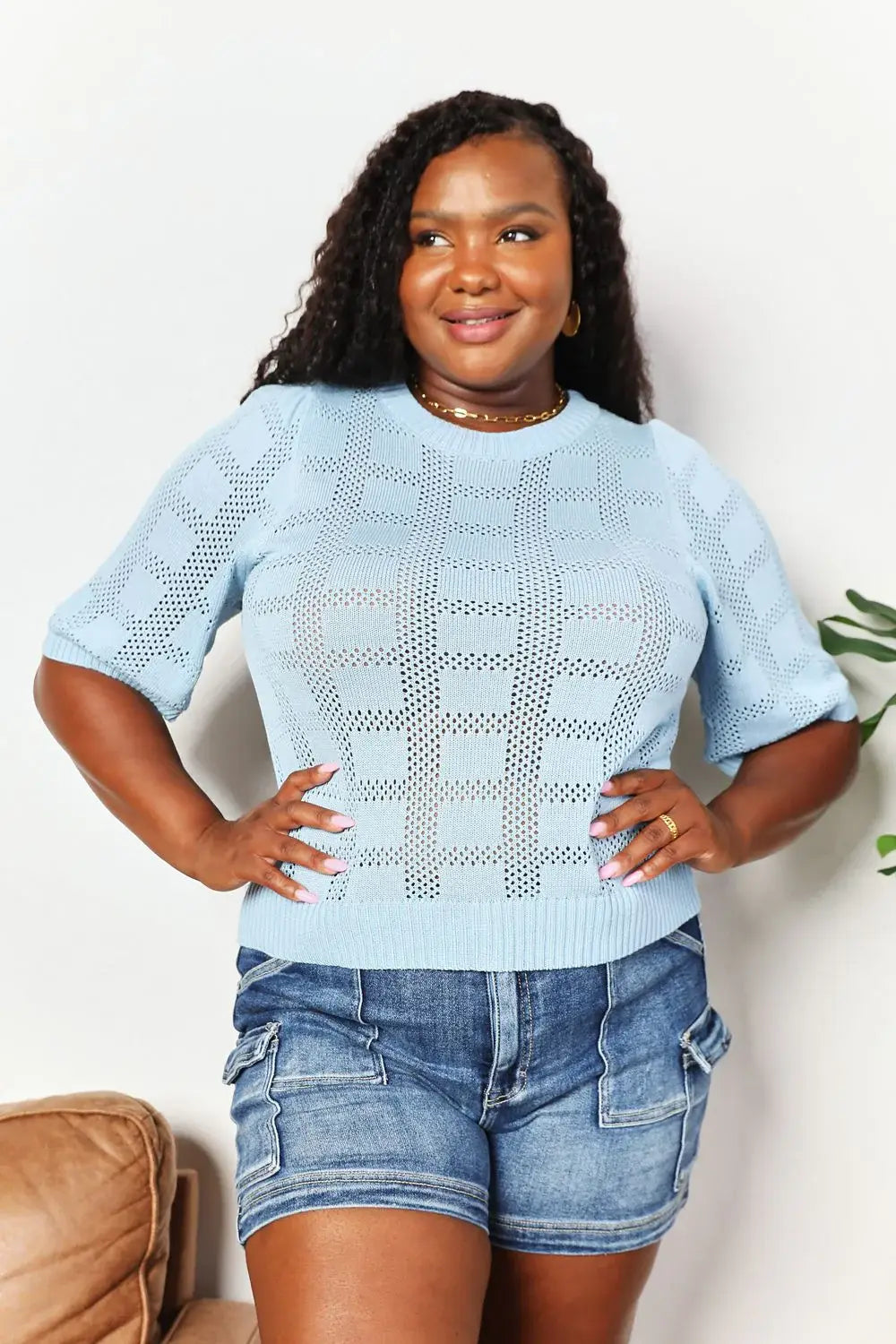 Mandy Ribbed Trim Round Neck Knit Top - Trendsi - Flyclothing LLC