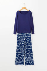 Round Neck Long Sleeve Top and Printed Pants Lounge Set - Trendsi - Flyclothing LLC