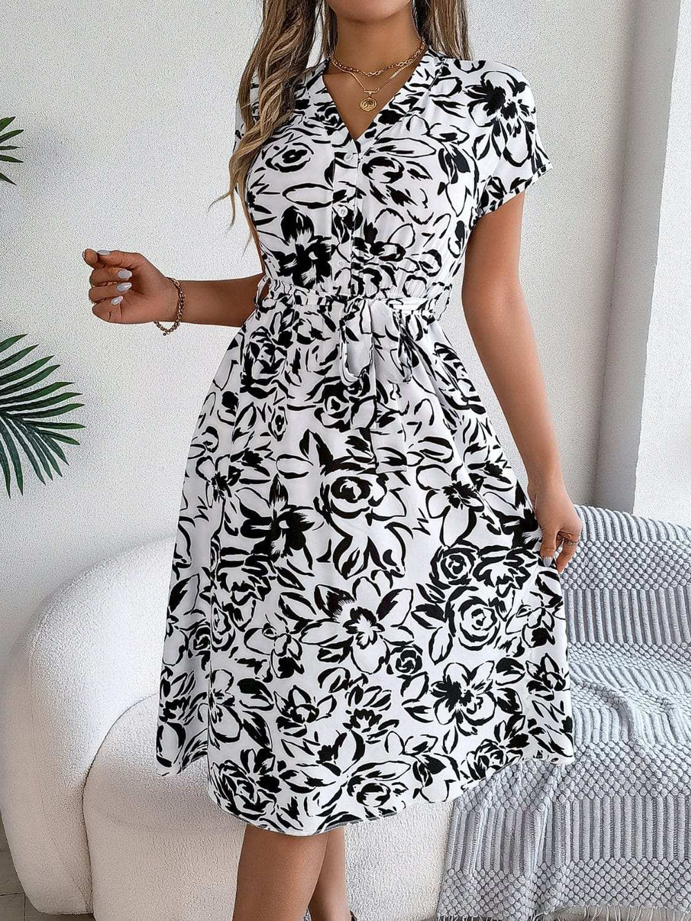 Printed V-Neck Short Sleeve Dress - Trendsi - Flyclothing LLC